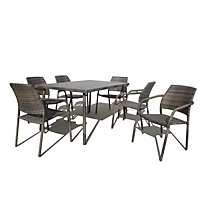 Furniture One Rattan Effect Grey 6 Seater Rectangular Dining Table and Chair Set FULLY ASSEMBLED STACKABLE CHAIRS