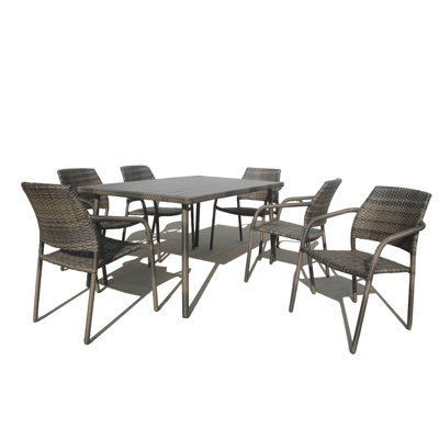 Furniture One Rattan Effect Grey 6 Seater Rectangular Dining Table and Chair Set FULLY ASSEMBLED STACKABLE CHAIRS