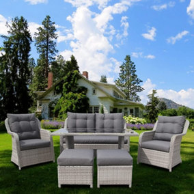 Furniture One Rattan Effect Grey 6 Seater Table and Chair Dining Sofa Set Patio Outdoor Sofa