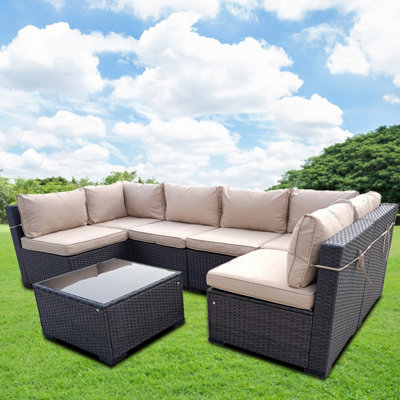 Furniture One Rattan Effect Mix Brown Rattan 6 Seat Corner Sofa Set