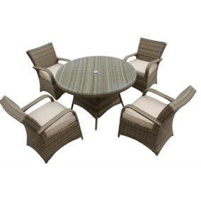 Furniture One Rattan Effect Natural Round 4 Seater Dining Set Table & chair set NO ASSEMBLY & ALUMINIUM FRAME