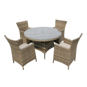 Furniture One Rattan Effect Natural Round 4 Seater Dining Set Table & chair set NO ASSEMBLY & ALUMINIUM FRAME