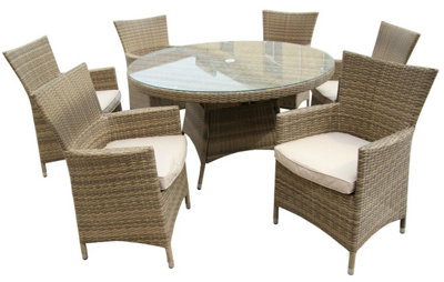 Furniture One Rattan Effect Natural Round 6 Seater Dining Set Table ...