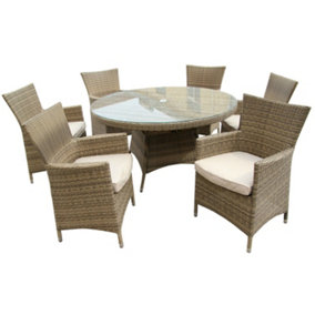Furniture One Rattan Effect Natural Round 6 Seater Dining Set Table & chair set NO ASSEMBLY & ALUMINIUM FRAME