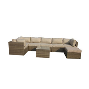 Furniture One Rattan Effect Nature Rattan 7 Seat Corner Sofa Set NO ASSEMBLY & ALUMINIUM FRAME