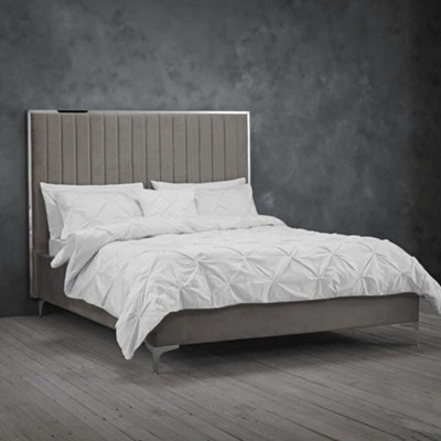 Furniture Stop - Byron Mink-Grey Velvet Bed-5ft King