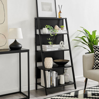 Furniturebox Addison Black Metal Ladder Shelf Unit With 5 Black Scratch Resistant Melamine Shelves Max Weight of 30KG