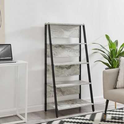Furniturebox Addison Black Metal Ladder Shelf Unit With 5 White Marble Effect Scratch Resistant Melamine Shelves Max Weight 30KG