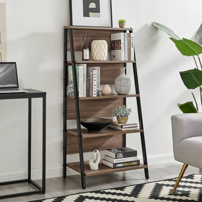 Furniturebox Addison Black Metal Ladder Shelf Unit With 5 Wood Effect Scratch Resistant Melamine Shelves