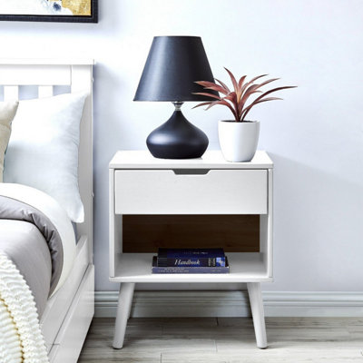 Furniturebox Alma White Matte Painted Wooden bedside Table With Single Drawer and Storage Space