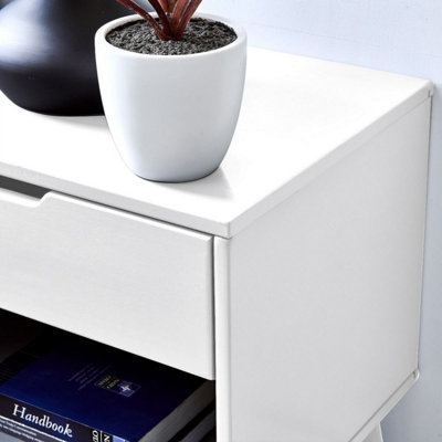 Furniturebox Alma White Matte Painted Wooden bedside Table With Single Drawer and Storage Space