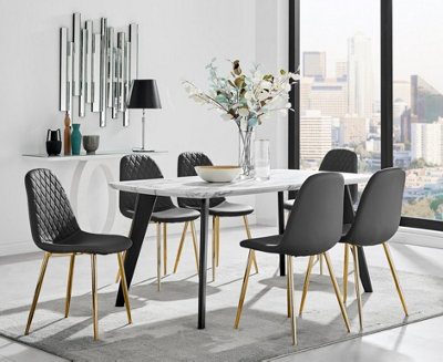 Furniturebox Andria Black Leg Marble Effect Dining Table and  6 Black Corona Gold Leg Chairs