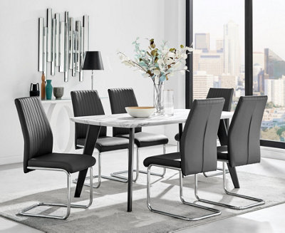 Furniturebox Andria Black Leg Marble Effect Dining Table and  6 Black Lorenzo Chairs