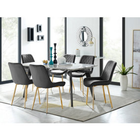 Furniturebox Andria Black Leg Marble Effect Dining Table and 6 Black Pesaro Gold Leg Chairs