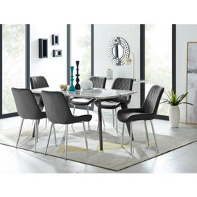 Furniturebox Andria Black Leg Marble Effect Dining Table and 6 Black Pesaro Silver Leg Chairs