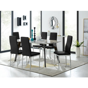 Furniturebox Andria Black Leg Marble Effect Dining Table and  6 Black Velvet Milan Chairs