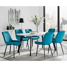 Furniturebox Andria Black Leg Marble Effect Dining Table and  6 Blue Pesaro Black Leg Chairs