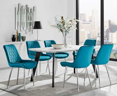 Furniturebox Andria Black Leg Marble Effect Dining Table and  6 Blue Pesaro Silver Leg Chairs