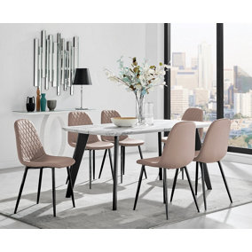 Furniturebox Andria Black Leg Marble Effect Dining Table and  6 Cappuccino Corona Black Leg Chairs