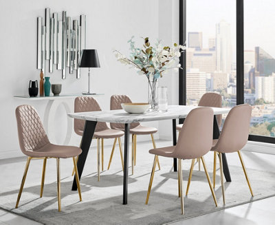 Furniturebox Andria Black Leg Marble Effect Dining Table and  6 Cappuccino Corona Gold Leg Chairs