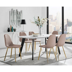 Furniturebox Andria Black Leg Marble Effect Dining Table and  6 Cappuccino Corona Gold Leg Chairs