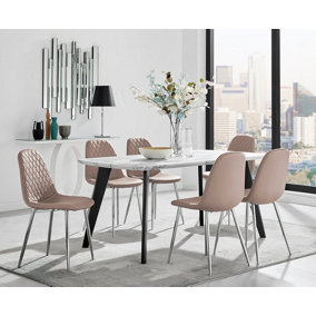 Furniturebox Andria Black Leg Marble Effect Dining Table and  6 Cappuccino Corona Silver Leg Chairs