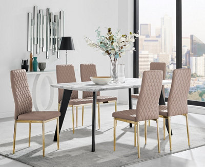 Furniturebox Andria Black Leg Marble Effect Dining Table and  6 Cappuccino Gold Leg Milan Chairs