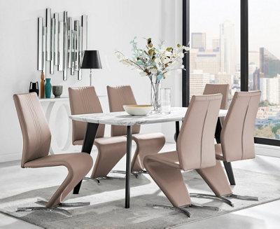 Furniturebox Andria Black Leg Marble Effect Dining Table and  6 Cappuccino Willow Chairs