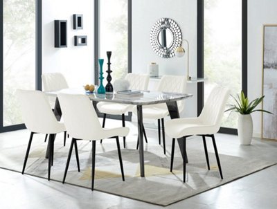 Furniturebox Andria Black Leg Marble Effect Dining Table and 6 Cream Pesaro Black Leg Chairs