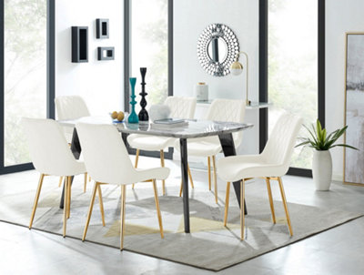 Furniturebox Andria Black Leg Marble Effect Dining Table and 6 Cream Pesaro Gold Leg Chairs