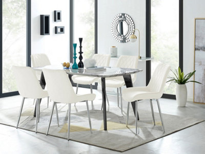 Furniturebox Andria Black Leg Marble Effect Dining Table and 6 Cream Pesaro Silver Leg Chairs