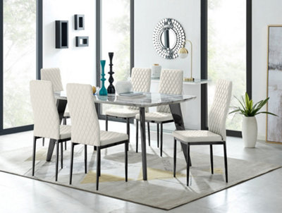 Furniturebox Andria Black Leg Marble Effect Dining Table and  6 Cream Velvet Milan Black Leg Chairs