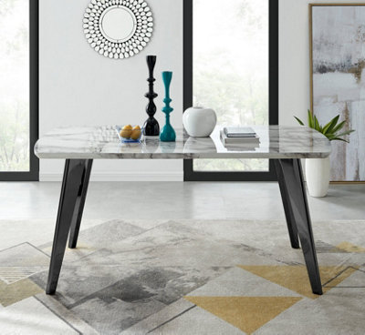 Furniturebox Andria Black Leg Marble Effect Dining Table and  6 Cream Velvet Milan Black Leg Chairs