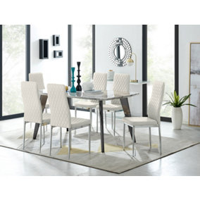 Furniturebox Andria Black Leg Marble Effect Dining Table and  6 Cream Velvet Milan Chairs