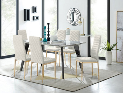 Furniturebox Andria Black Leg Marble Effect Dining Table and  6 Cream Velvet Milan Gold Leg Chairs