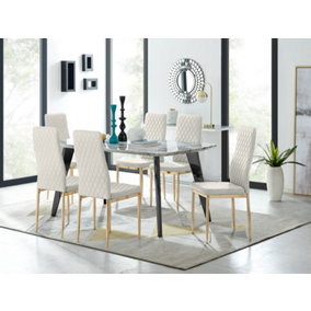 Furniturebox Andria Black Leg Marble Effect Dining Table and  6 Cream Velvet Milan Gold Leg Chairs