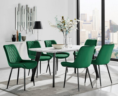 Furniturebox Andria Black Leg Marble Effect Dining Table and  6 Green Pesaro Black Leg Chairs