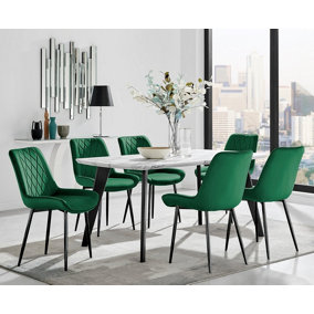 Furniturebox Andria Black Leg Marble Effect Dining Table and  6 Green Pesaro Black Leg Chairs