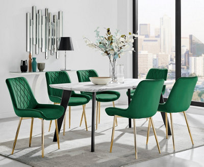 Furniturebox Andria Black Leg Marble Effect Dining Table and  6 Green Pesaro Gold Leg Chairs