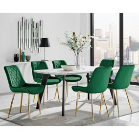 Furniturebox Andria Black Leg Marble Effect Dining Table and  6 Green Pesaro Gold Leg Chairs