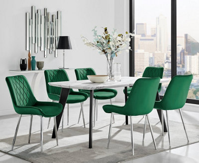 Furniturebox Andria Black Leg Marble Effect Dining Table and  6 Green Pesaro Silver Leg Chairs