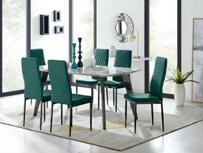 Furniturebox Andria Black Leg Marble Effect Dining Table and  6 Green Velvet Milan Black Leg Chairs