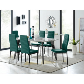 Furniturebox Andria Black Leg Marble Effect Dining Table and  6 Green Velvet Milan Black Leg Chairs