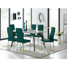 Furniturebox Andria Black Leg Marble Effect Dining Table and  6 Green Velvet Milan Chairs