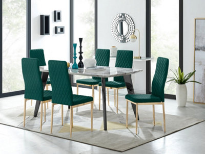 Furniturebox Andria Black Leg Marble Effect Dining Table and  6 Green Velvet Milan Gold Leg Chairs