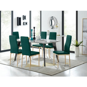Furniturebox Andria Black Leg Marble Effect Dining Table and  6 Green Velvet Milan Gold Leg Chairs