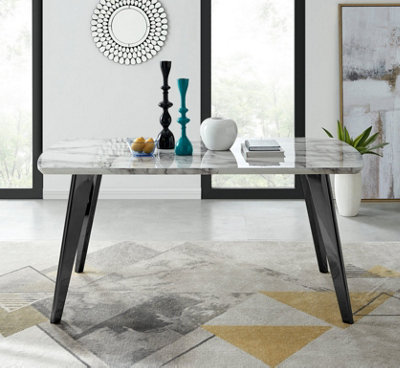 Furniturebox Andria Black Leg Marble Effect Dining Table and  6 Green Velvet Milan Gold Leg Chairs