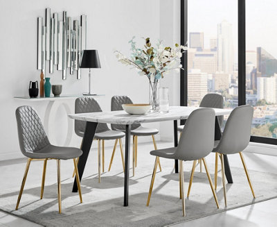 Furniturebox Andria Black Leg Marble Effect Dining Table and  6 Grey Corona Gold Leg Chairs