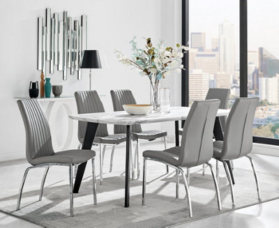 Furniturebox Andria Black Leg Marble Effect Dining Table and 6 Grey