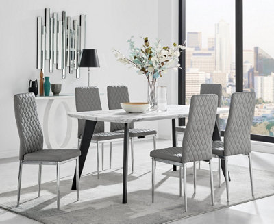 Furniturebox Andria Black Leg Marble Effect Dining Table and  6 Grey Milan Chairs